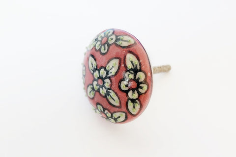 Ceramic big red pink floral embossed design 5cm round door knob