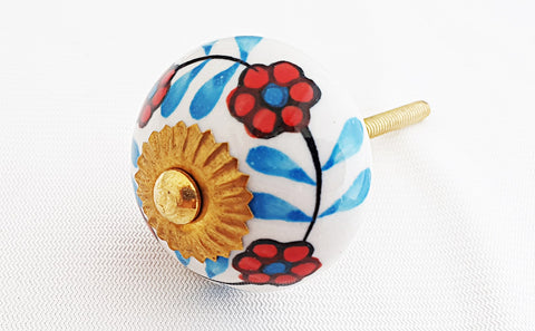 Ceramic aqua red white floral design 4cm round door knob