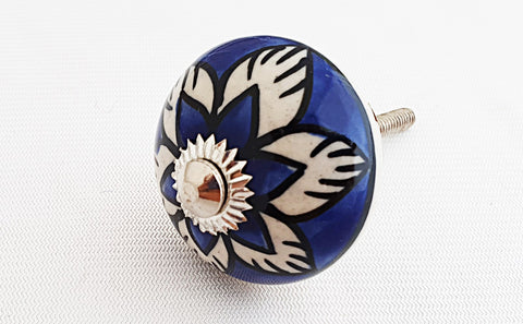 Ceramic royal blue flower 4cm round door knob G5