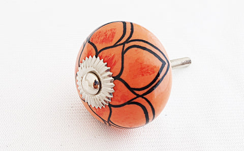 Ceramic orange black delicate flower round 4cm door knob DUB