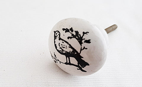 Ceramic black and white bird shabby chic printed 4cm round door knob SB