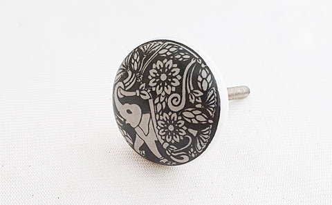 Ceramic black intricate design elephant motif printed 4cm door knob DUB