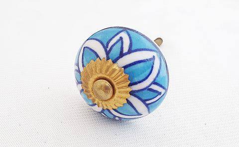 Ceramic aqua white floral 4cm round door knob