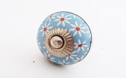 Ceramic spring flower design blue 4cm round door knob B6