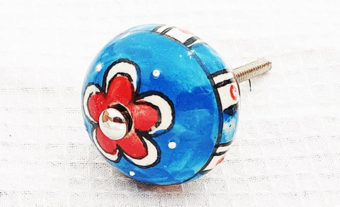 Ceramic aqua red floral design 4cm round door knob D4