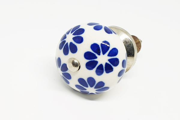 Ceramic blue white floral design 4cm round door knob pulls G3