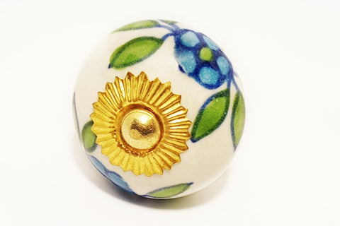 Ceramic aqua white green floral unique funky round 4cm door knob pulls handles